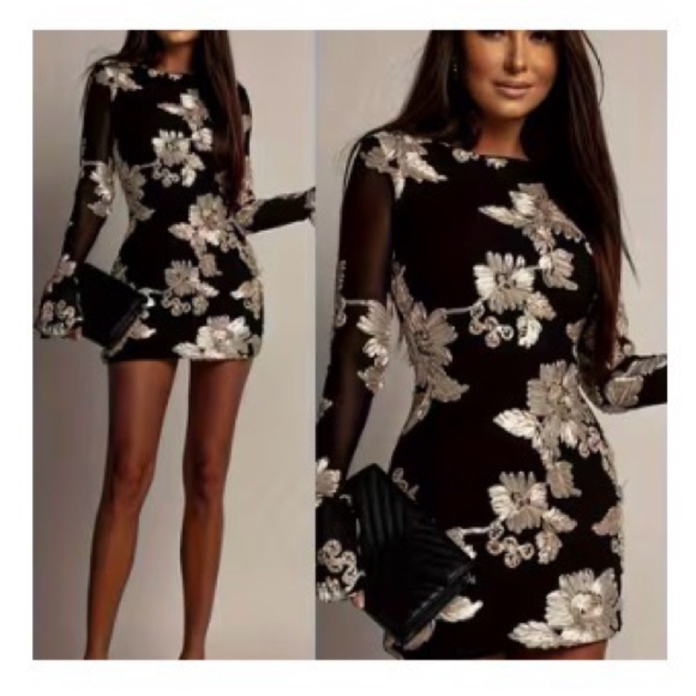 Chic Long Sleeve Black Dress with Silver Floral Design